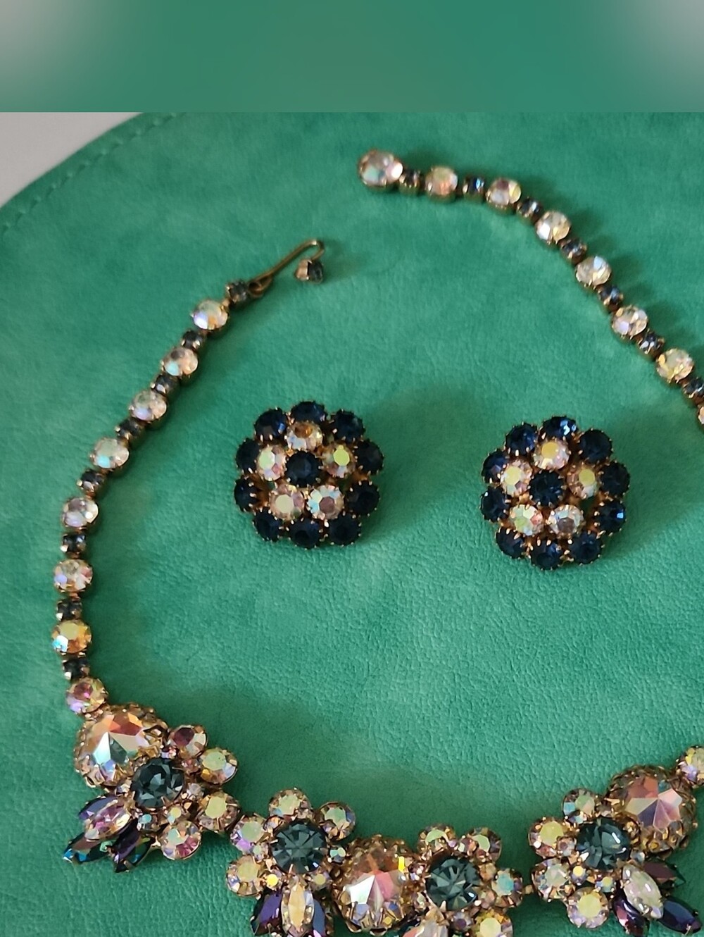Vintage Crystal Floral Statement Necklace and Earrings Set - Blue and Iridescent